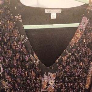 Cato Black Floral Smocked V-Neck Dress with Purple and Brown Flowers